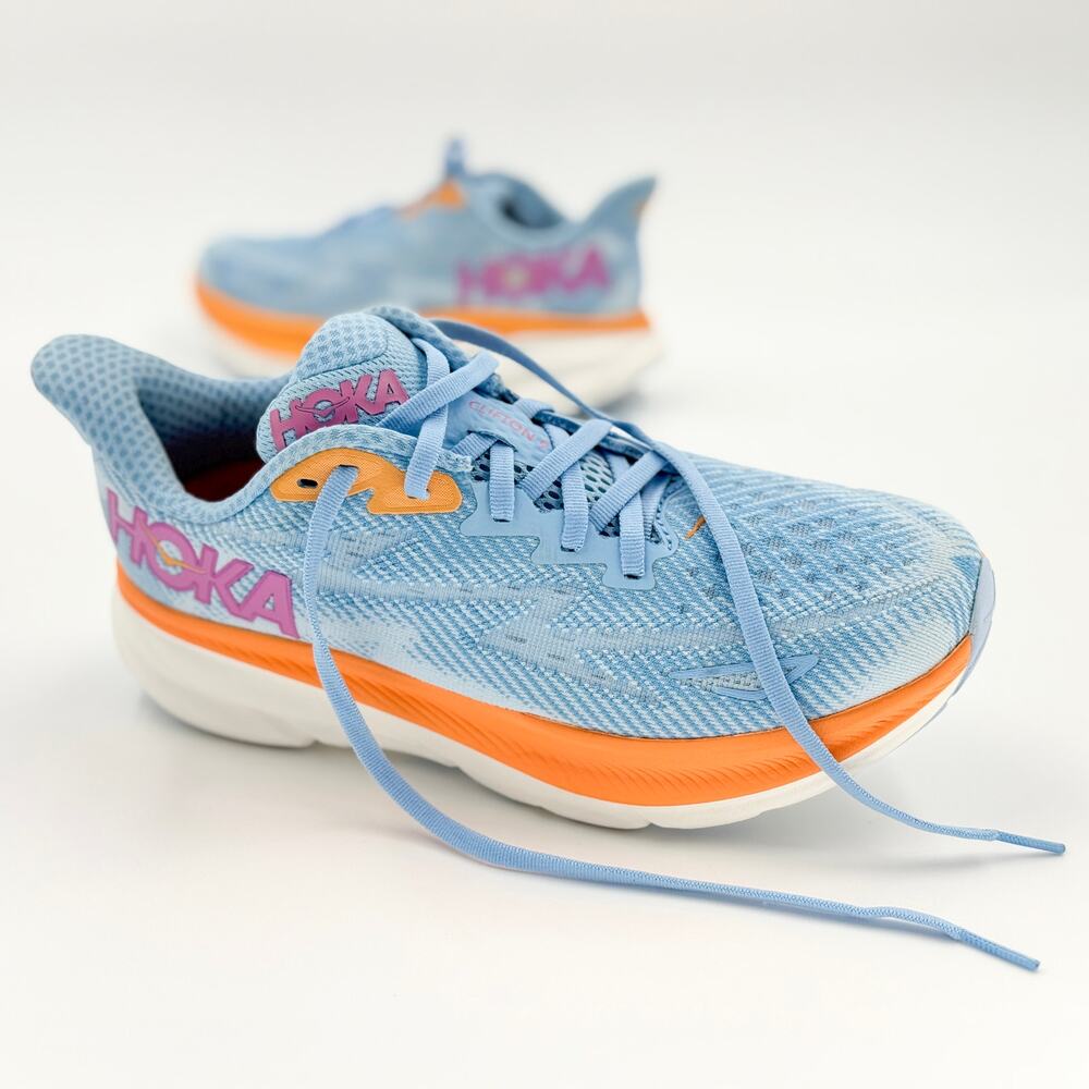 HOKA Clifton 9 Women’s 6.5B Airy Blue Ice Water Orange Running Sneakers 1127896 - Picture 5 of 14